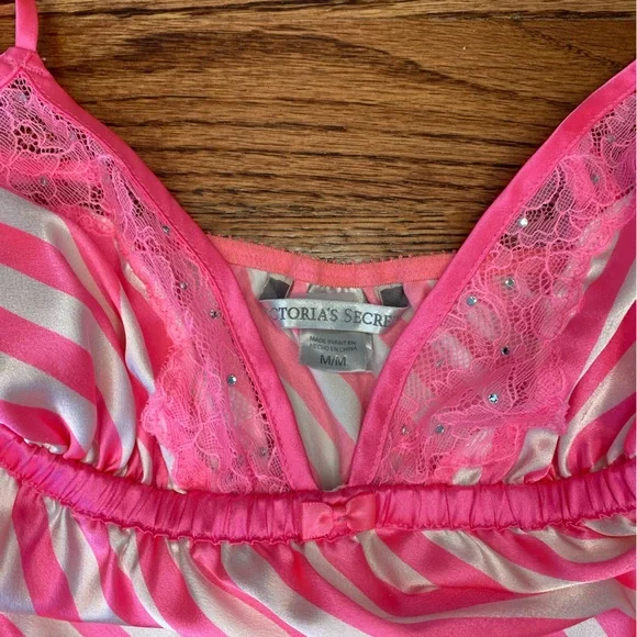 Victoria's Secret; silk top, pink and white stripes, size: medium, lace, jewels - Picture 4 of 7